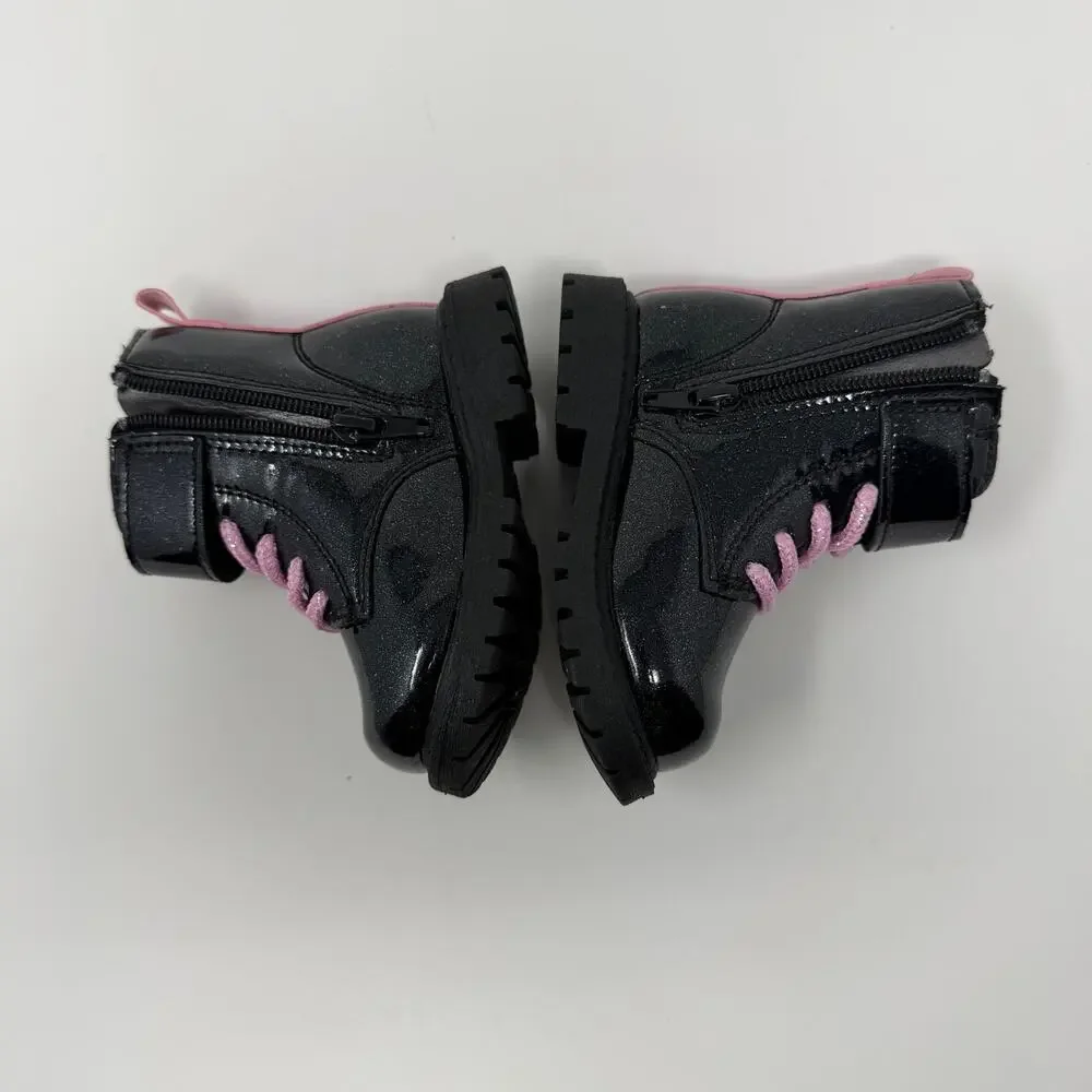 Carter’s Girls Black Patent Combat Boots Pink Laces 5M